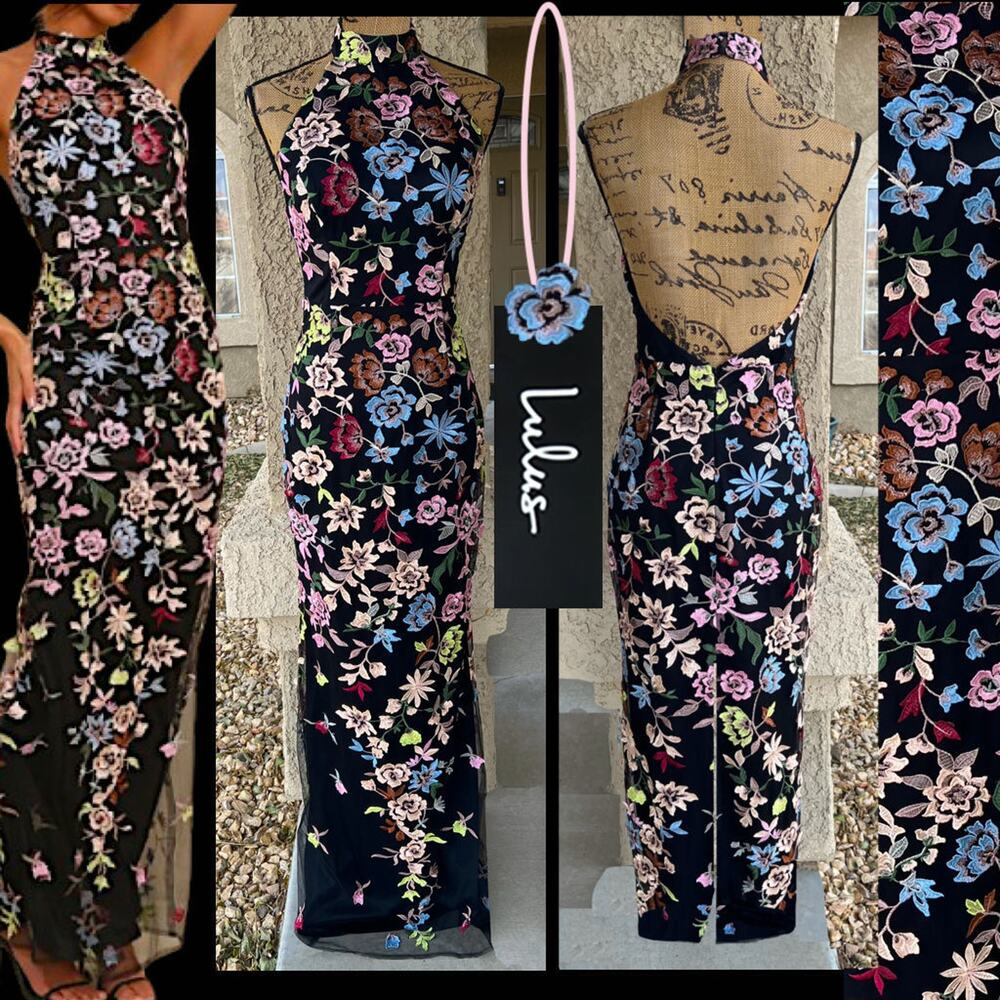 Lulus Black 2 Button Halter 3D Floral Embroidered Infinite Praise Maxi Dress L - Picture 11 of 13